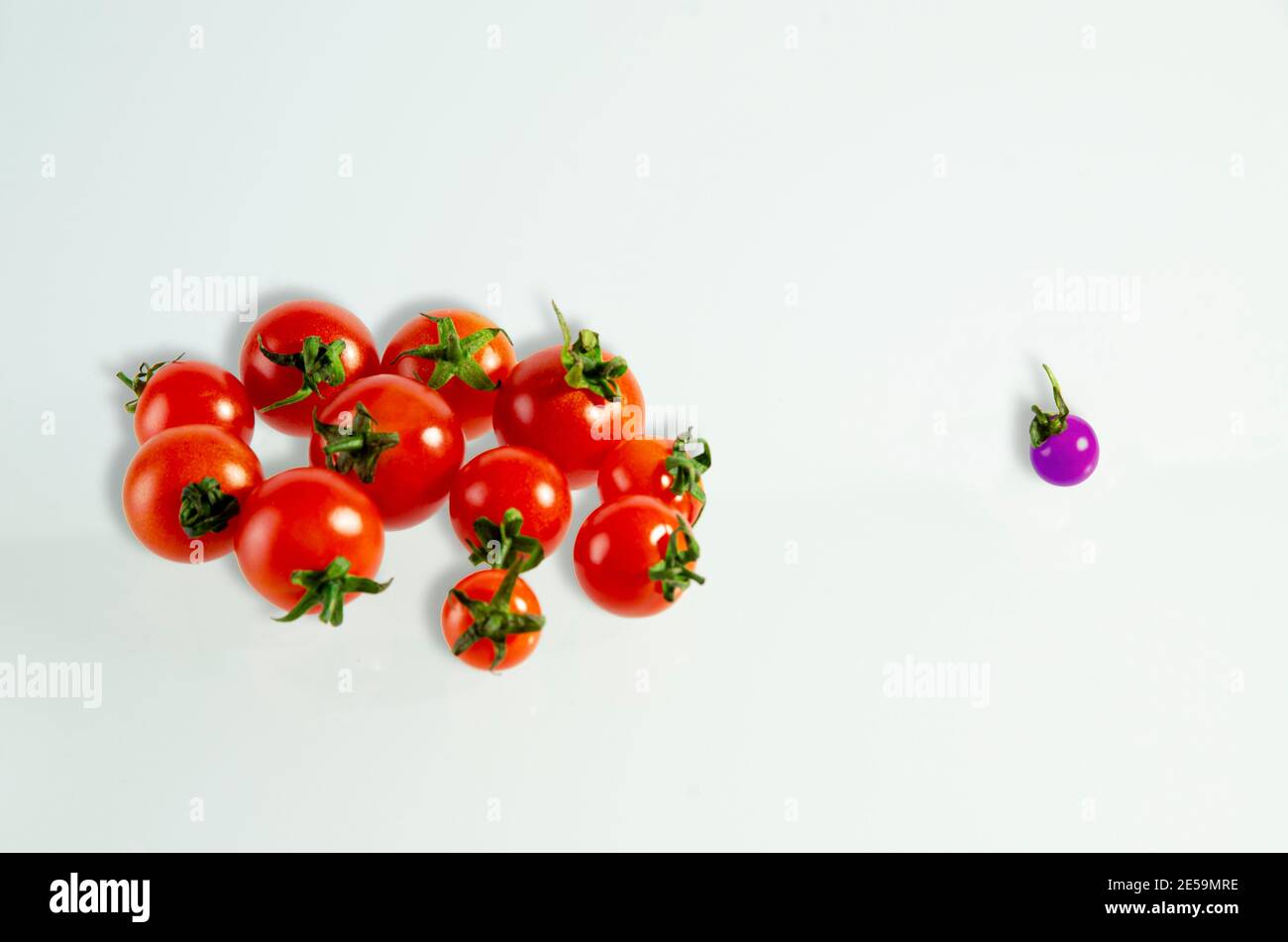 Fresh cherry tomatoes on a white surface  with different one.be exclueded because of difference, genetic intervention Stock Photo