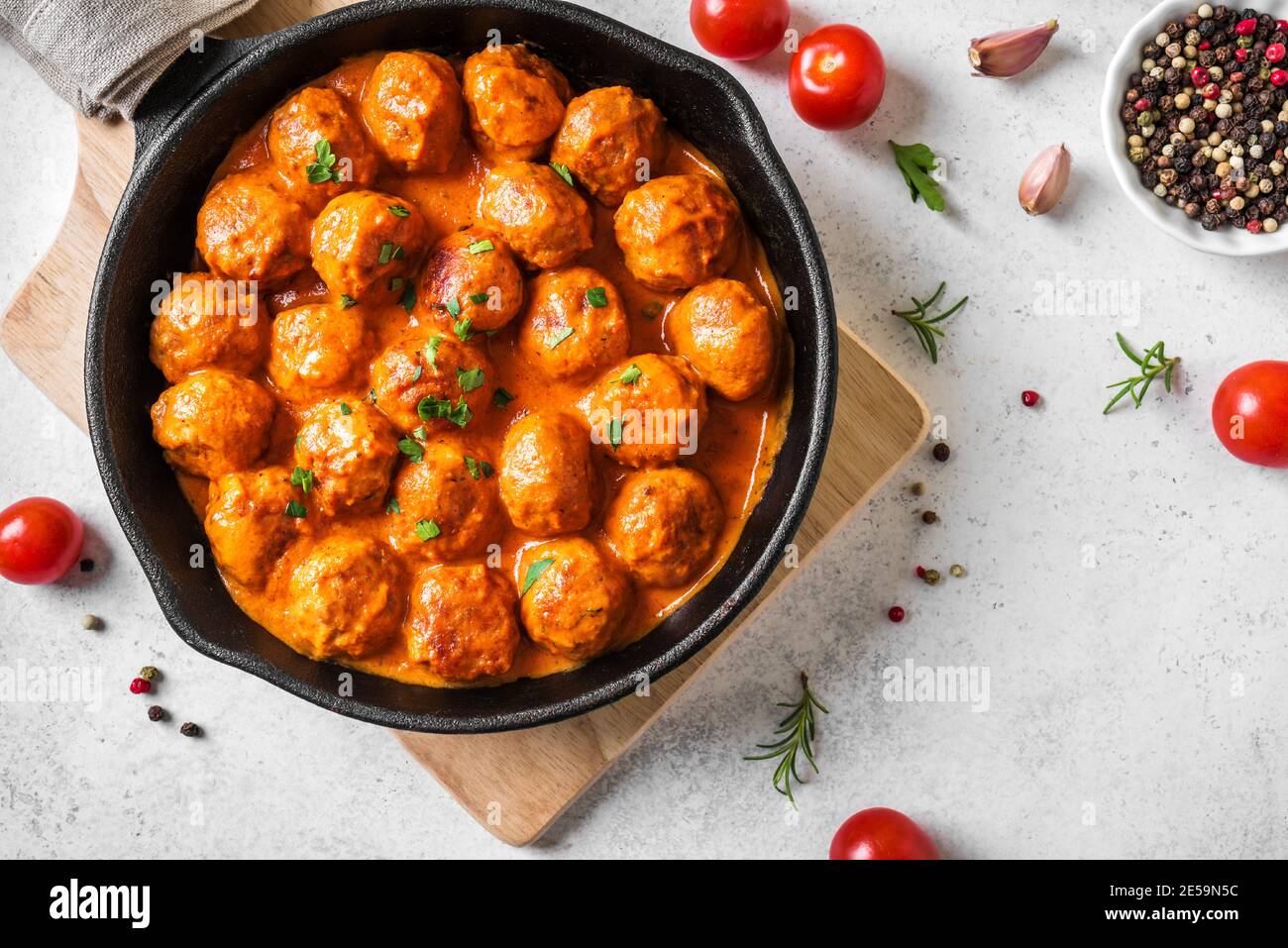 Homemade Meatballs in Tomato Sauce close up. Beef meatballs in cast