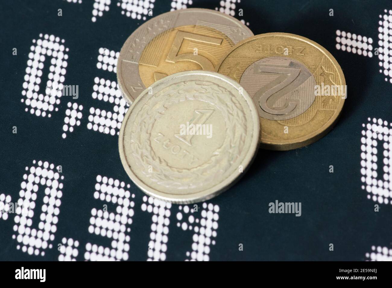 Coins Polish Zloty PLN and Stock Exchange in Poland Stock Photo