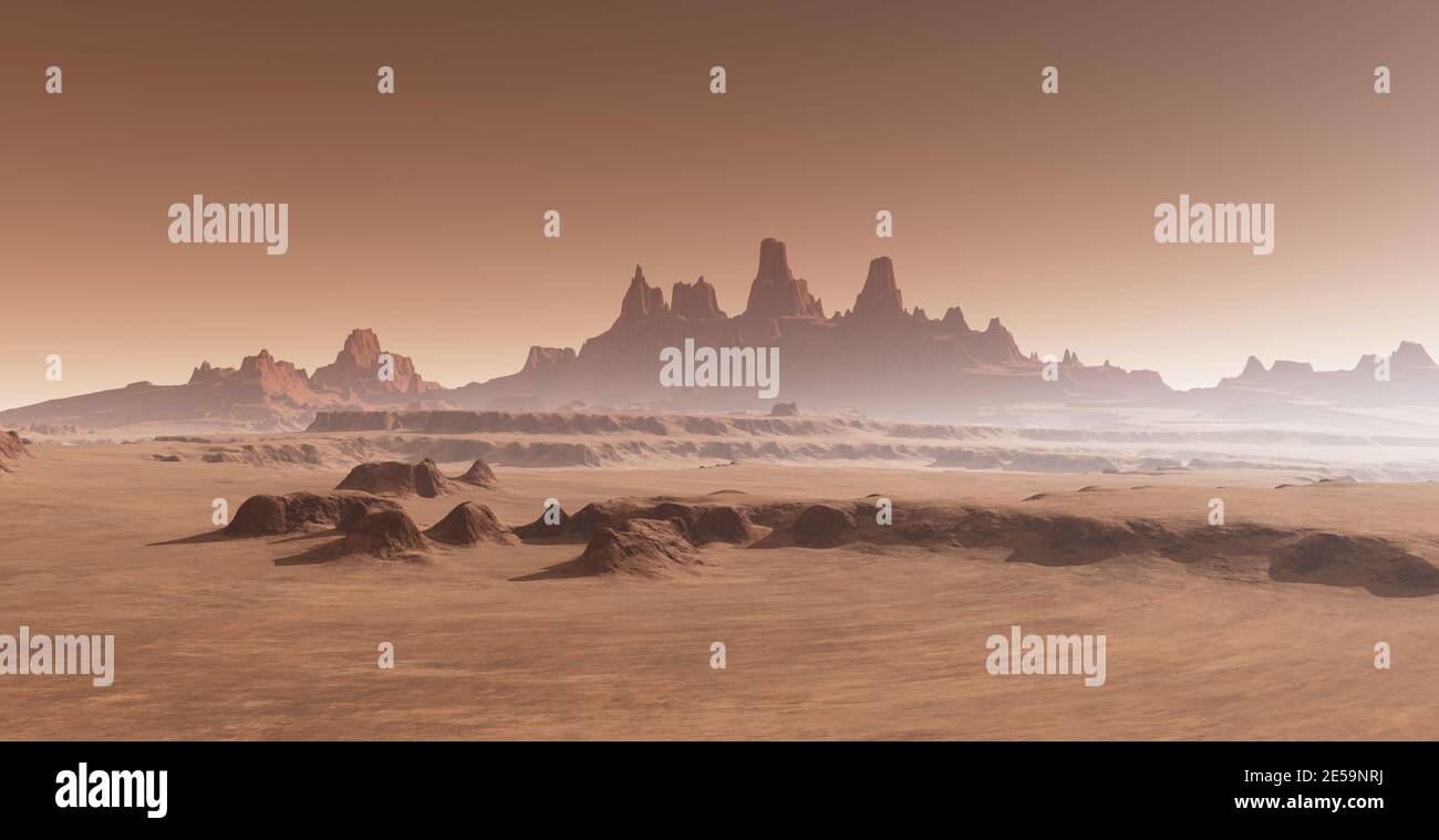 Alien desert planetary landscape. 3d illustration Stock Photo