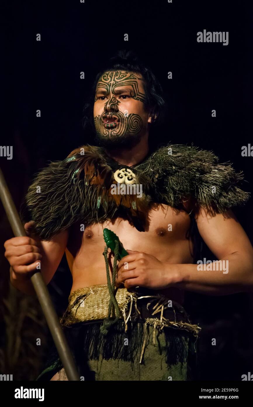 Vertical close-up shot of a tattooed Maori warrior in traditional dress with his ancestral weapons at night, Mitai Maori Village, Rotorua, New Zealand Stock Photo