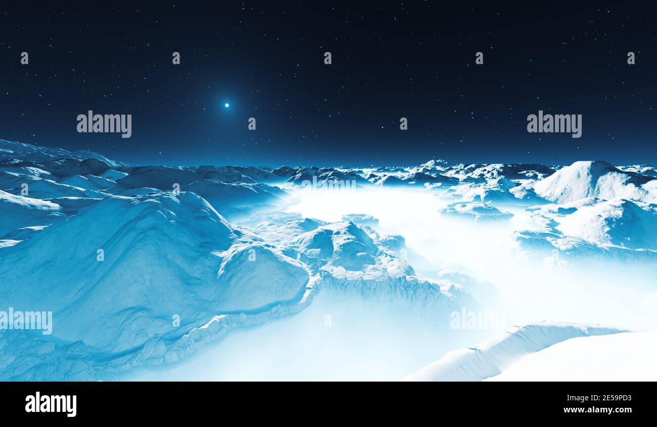 Rocky and frozen planet orbits the dwarf star. Alien landscape, 3D rendering Stock Photo