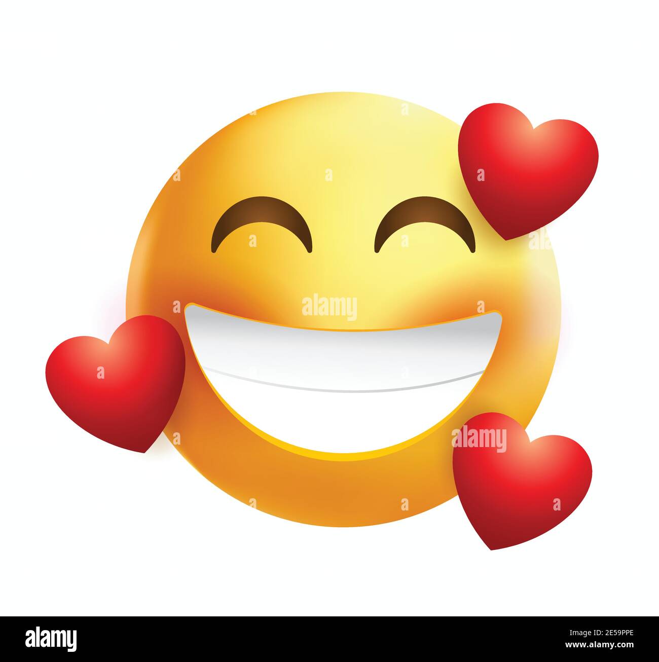 High quality emoticon on white background. Emoji blushing in love with red hearts. Yellow face emoji in love with closed eyes. Popular chat elements. Stock Vector