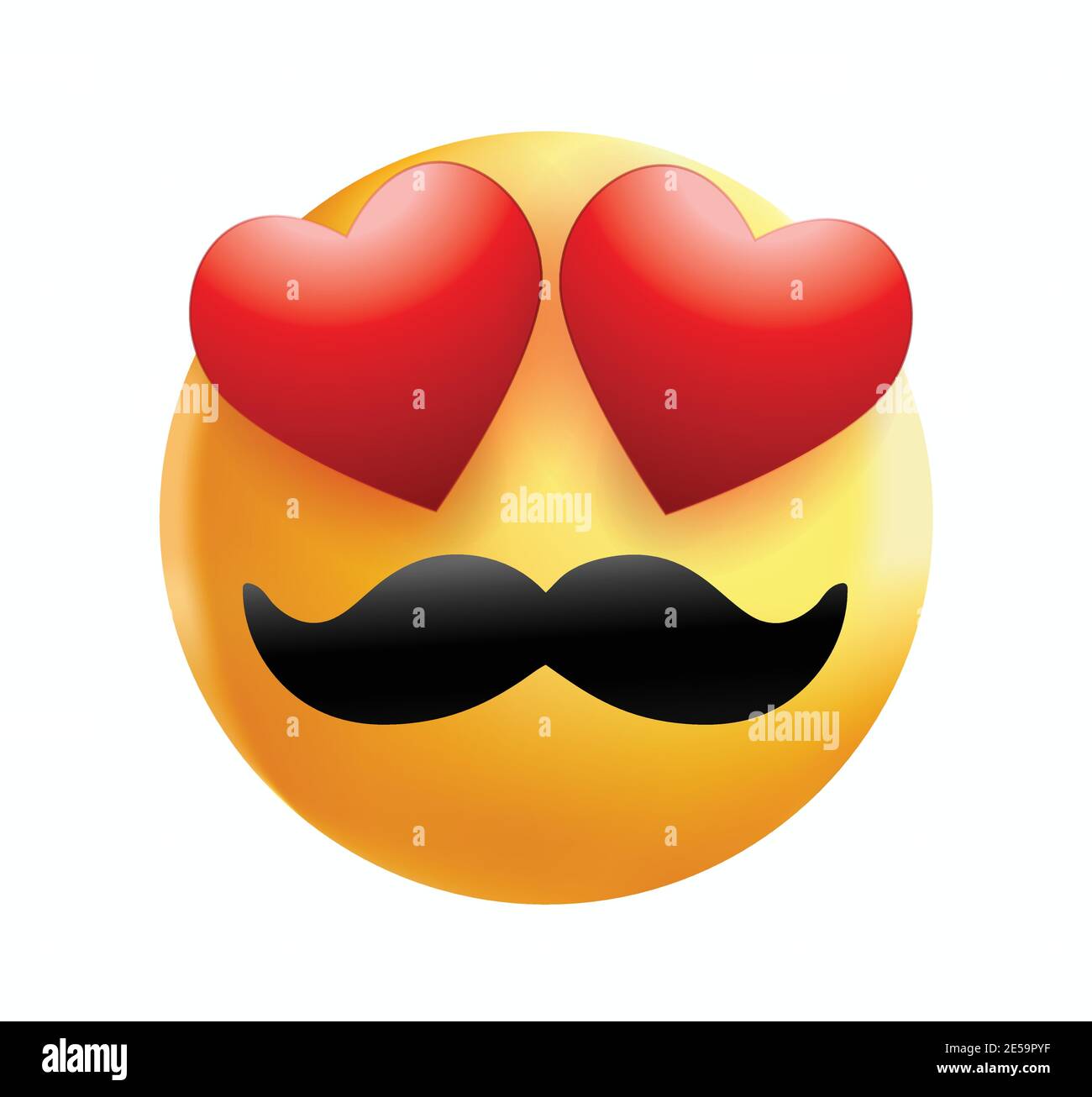 High quality mustache emoticon smiling, love emoji isolated on white background. Yellow face emoji with red heart eyes and mustache vector illustratio. Stock Vector