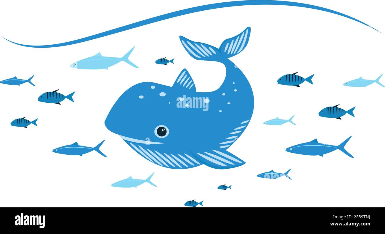 Blue whale with a fish. Vector cartoon whale for design. Stock Vector