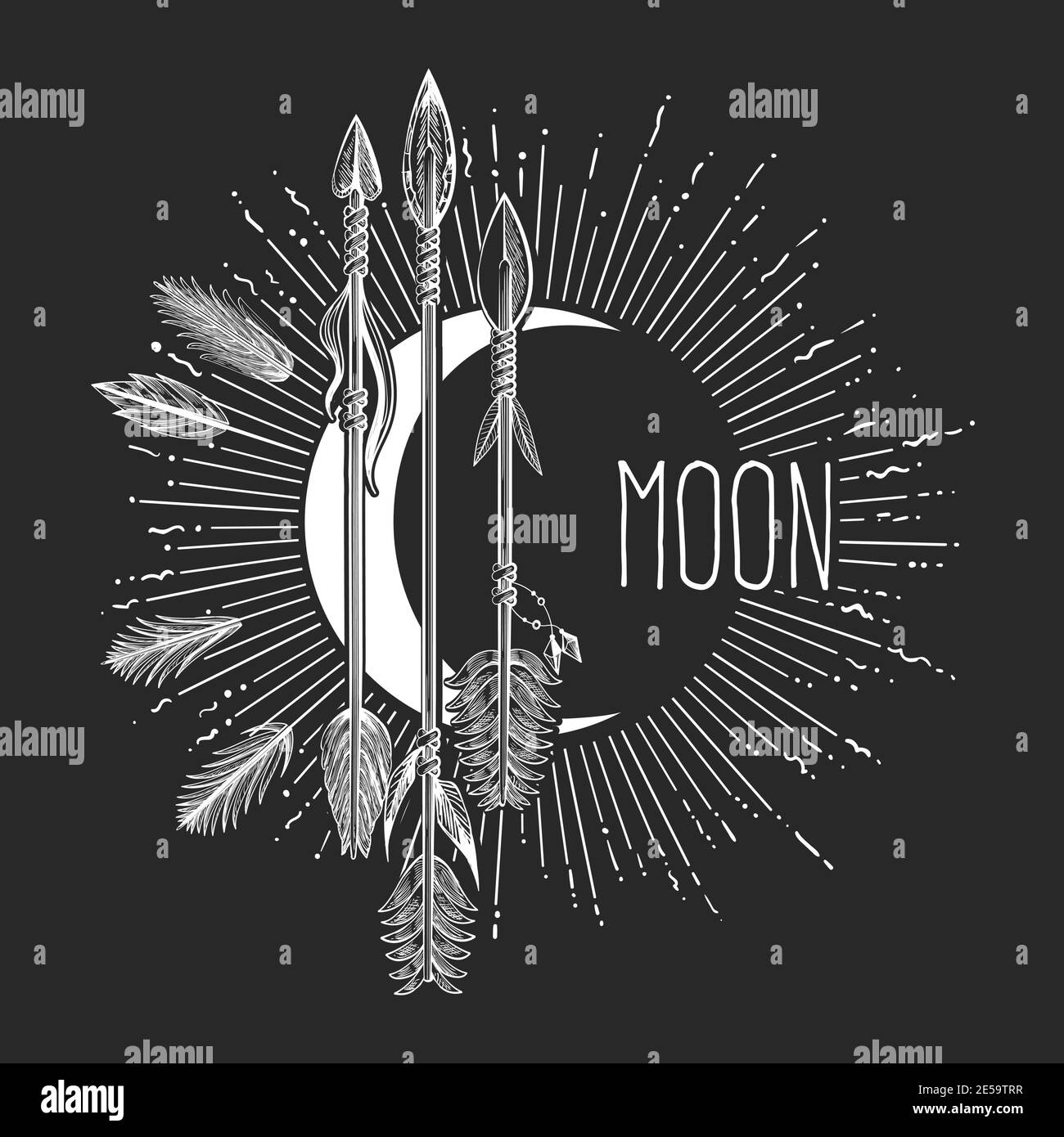 Crescent moon with arrows drawn in boho style. Mystical moon emblem isolated on black. Vector illustration. Stock Vector