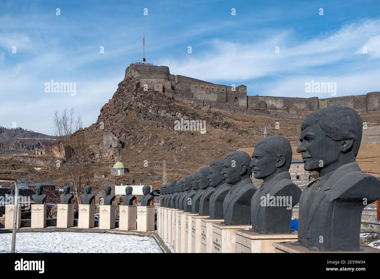 Kars city center, Kars castle and sculptures of famous people of the ...