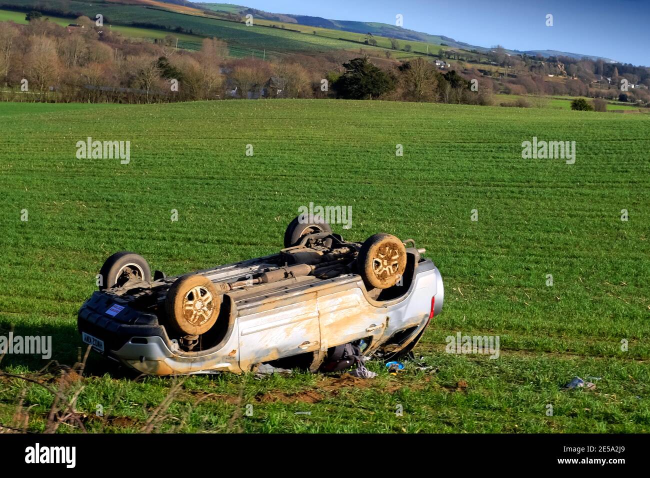 accident,crash,car in,field,Blackwater, Isle of Wight, England, UK, Stock Photo