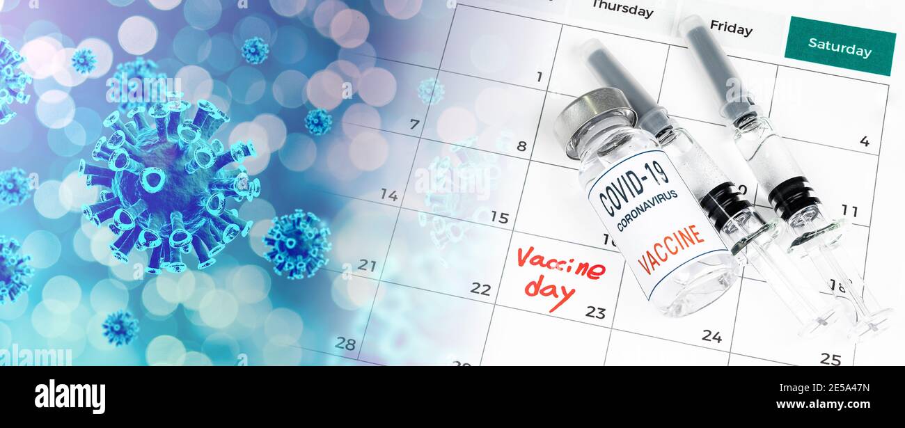 A calendar with vaccination dates, a Covid-19 vaccine, and a medical concept with a syringe. Stock Photo