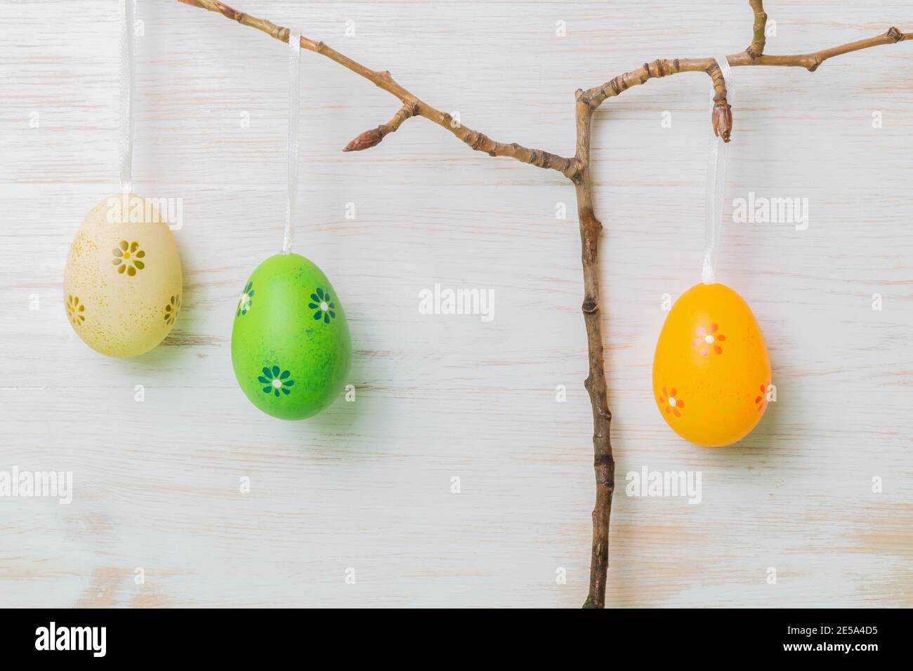 Tree of eggs in Easter time. Easter decoration with gentle colored eggs on branches. Easter time concept. Stock Photo