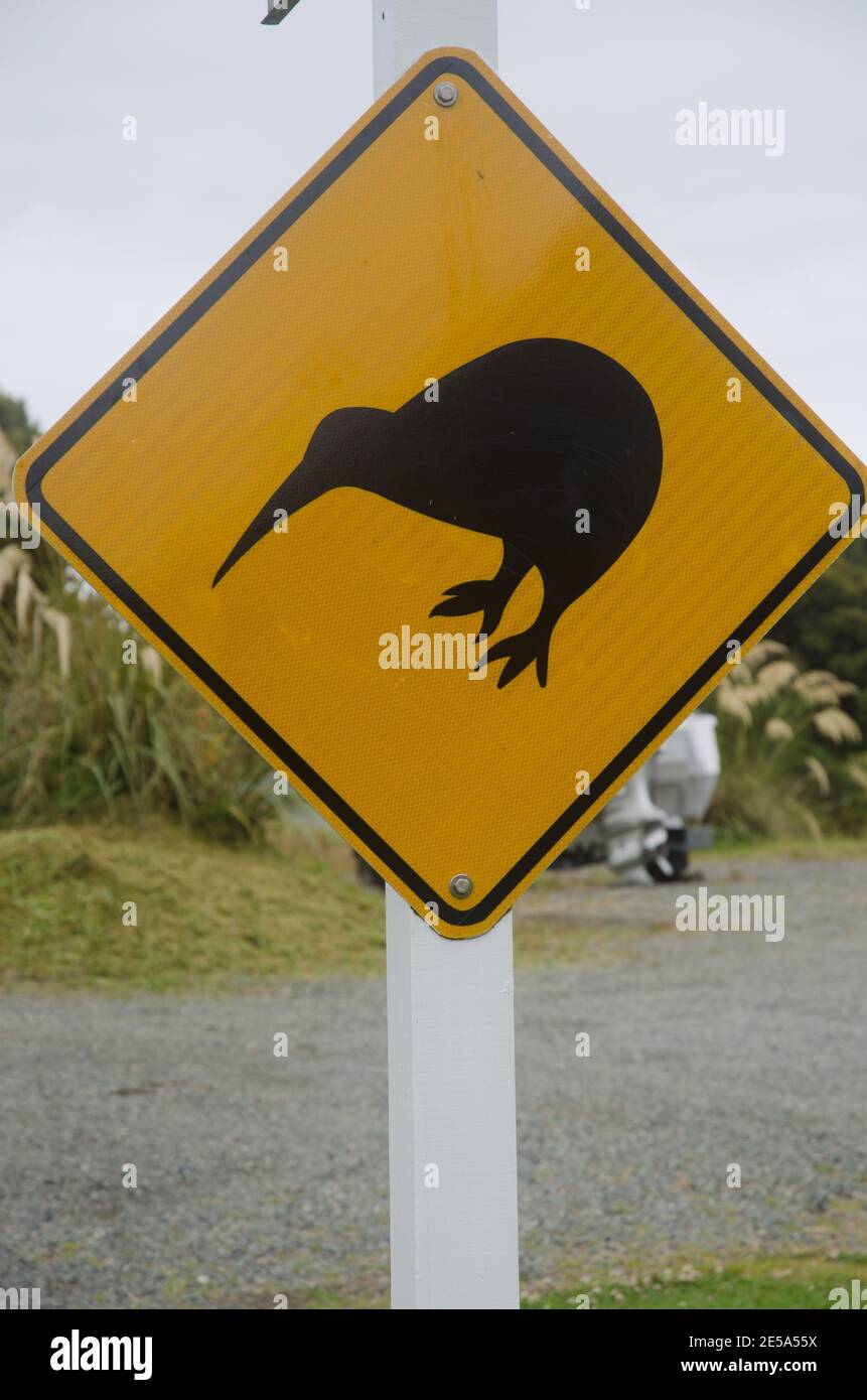 Caution signal by the kiwi presence. Oban. Stewart Island. New Zealand. Stock Photo