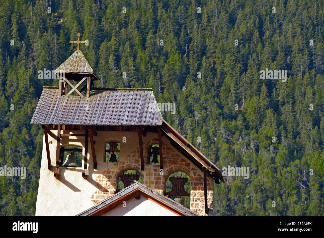 steeple of church San Sebastien with 5 bells, France, Hautes Alpes, Ceillac Stock Photo