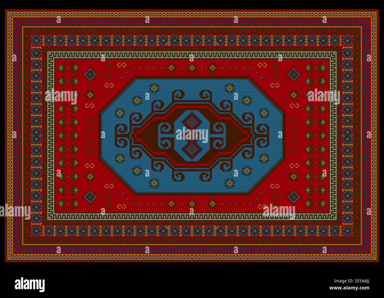 Vintage carpet in red shades with blue, red, yellow patterns and ...