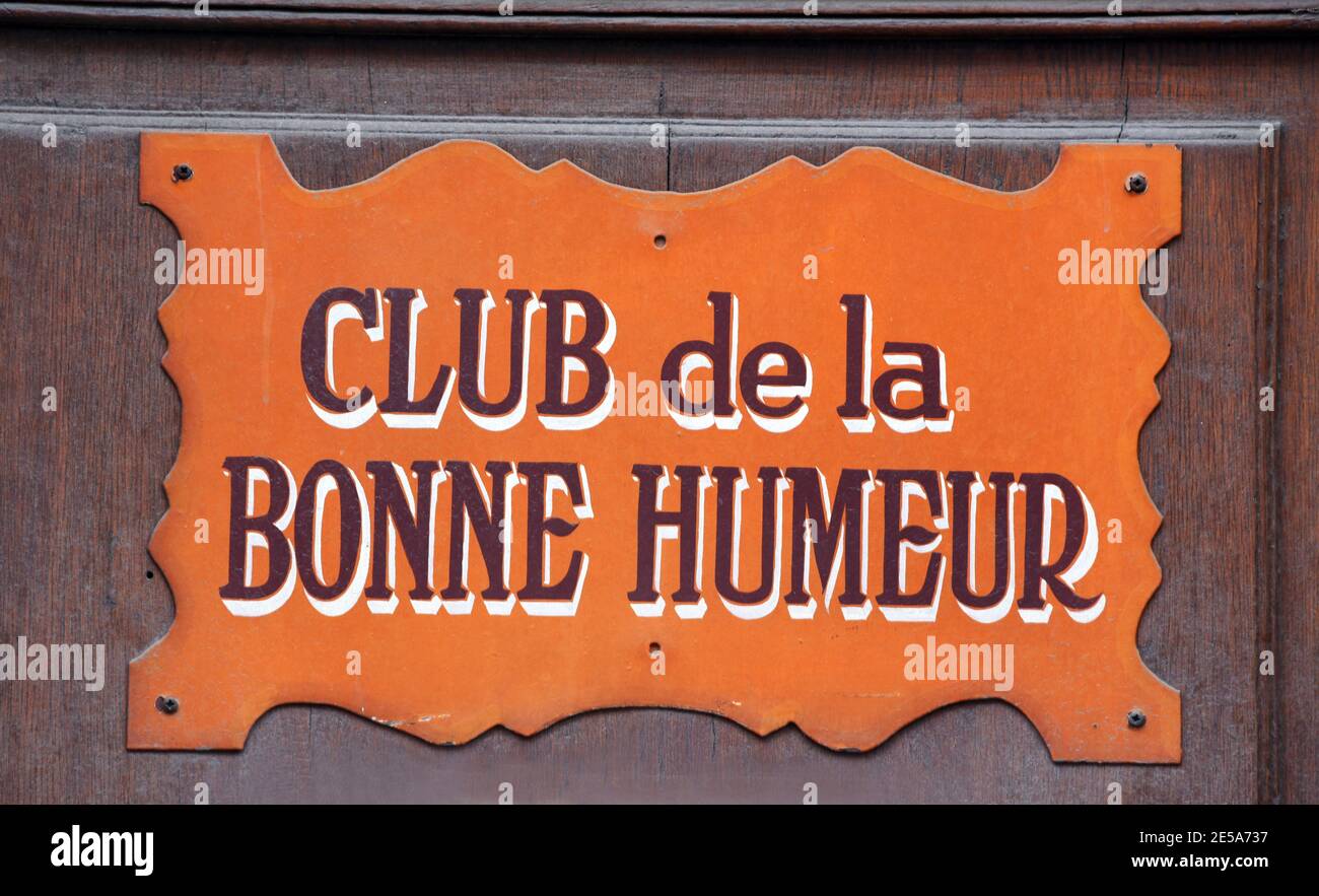 sign with the inscription Club de la bonne humeur, Good Mood Club, France, Dept Var, Carces Stock Photo