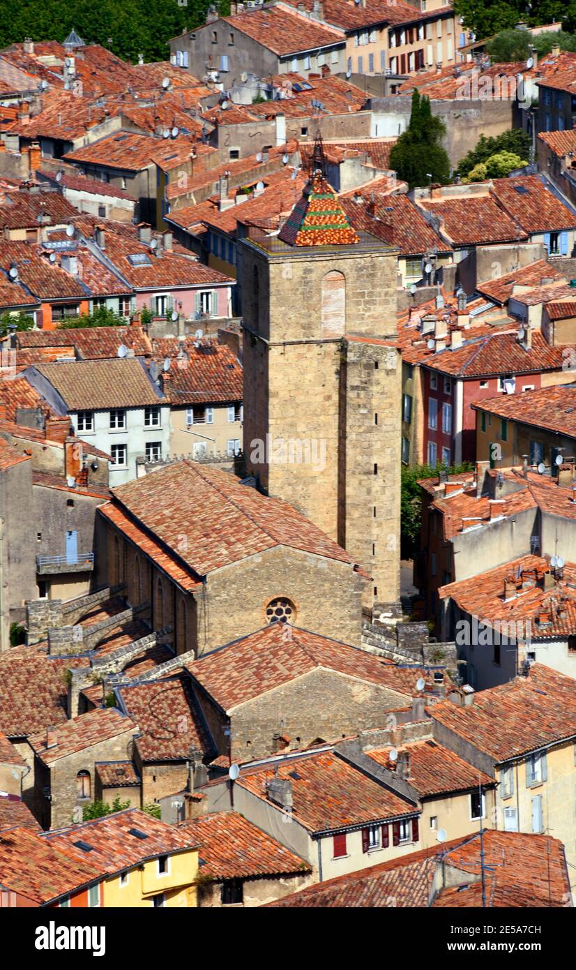 roofs and church Saint Marcel in the old city, France, Dept Var, Barjols Stock Photo