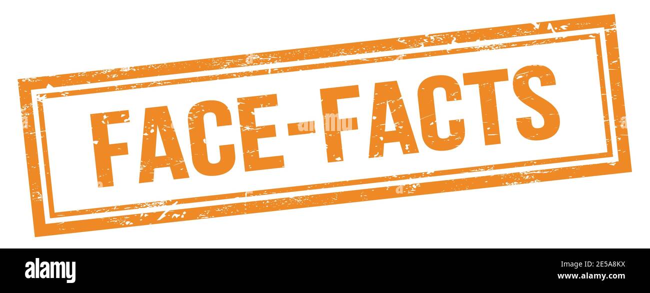 FACE-FACTS text on orange grungy vintage rectangle stamp. Stock Photo