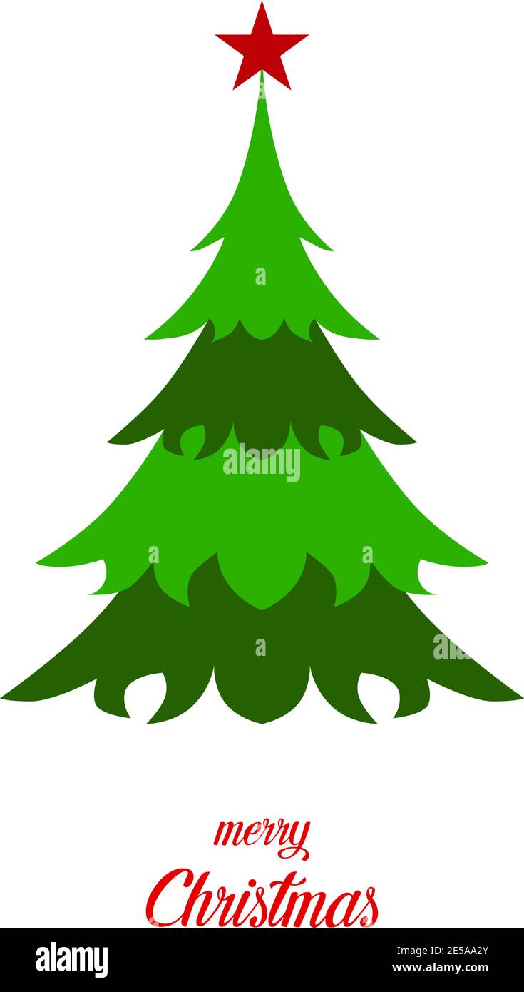 green christmas tree with star and text merry christmas on blank