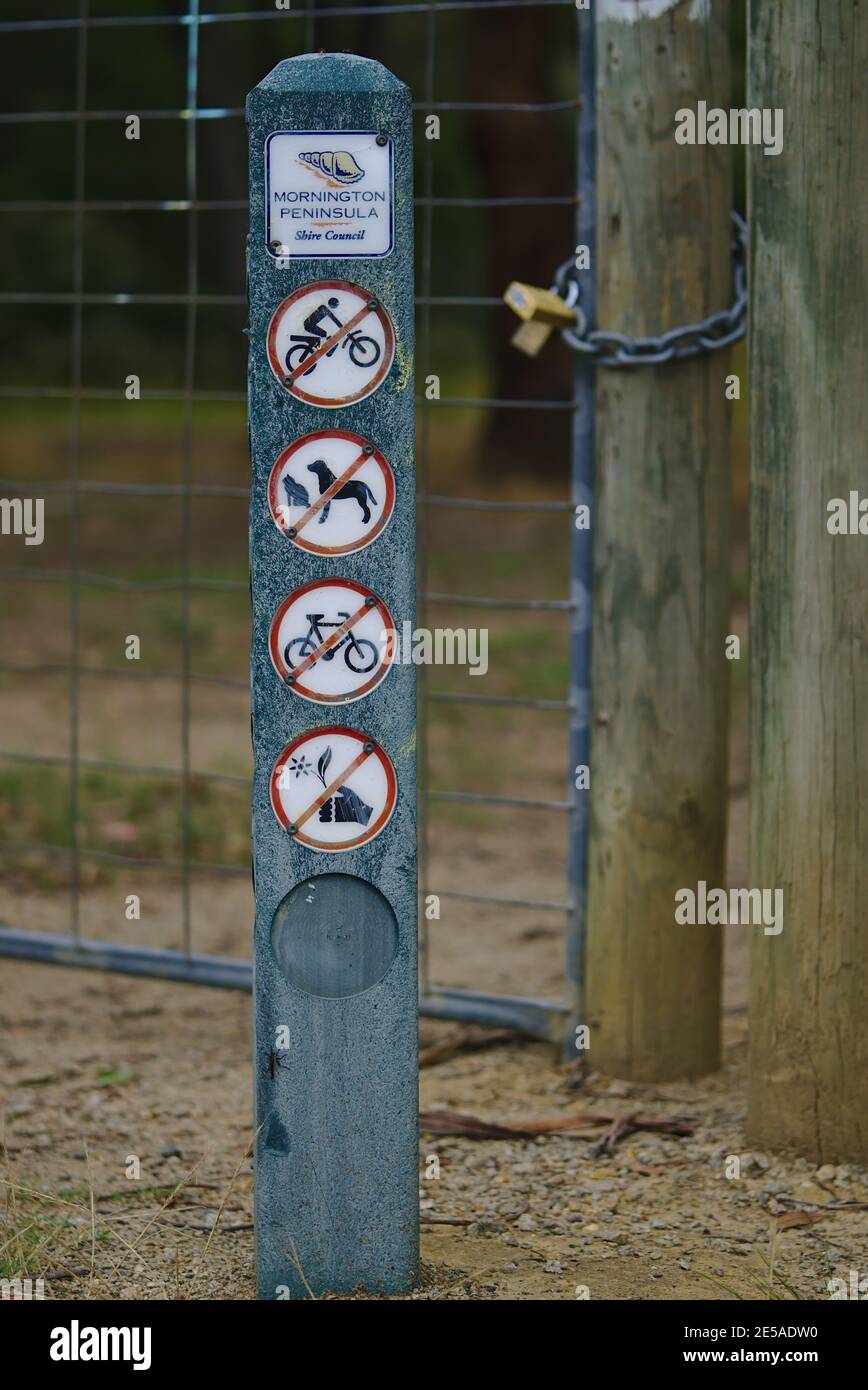 Bittern, VIC / Australia - Dec 25 2018: no motor cycles, no pets, no bicycles, no fire sign in front of park Stock Photo