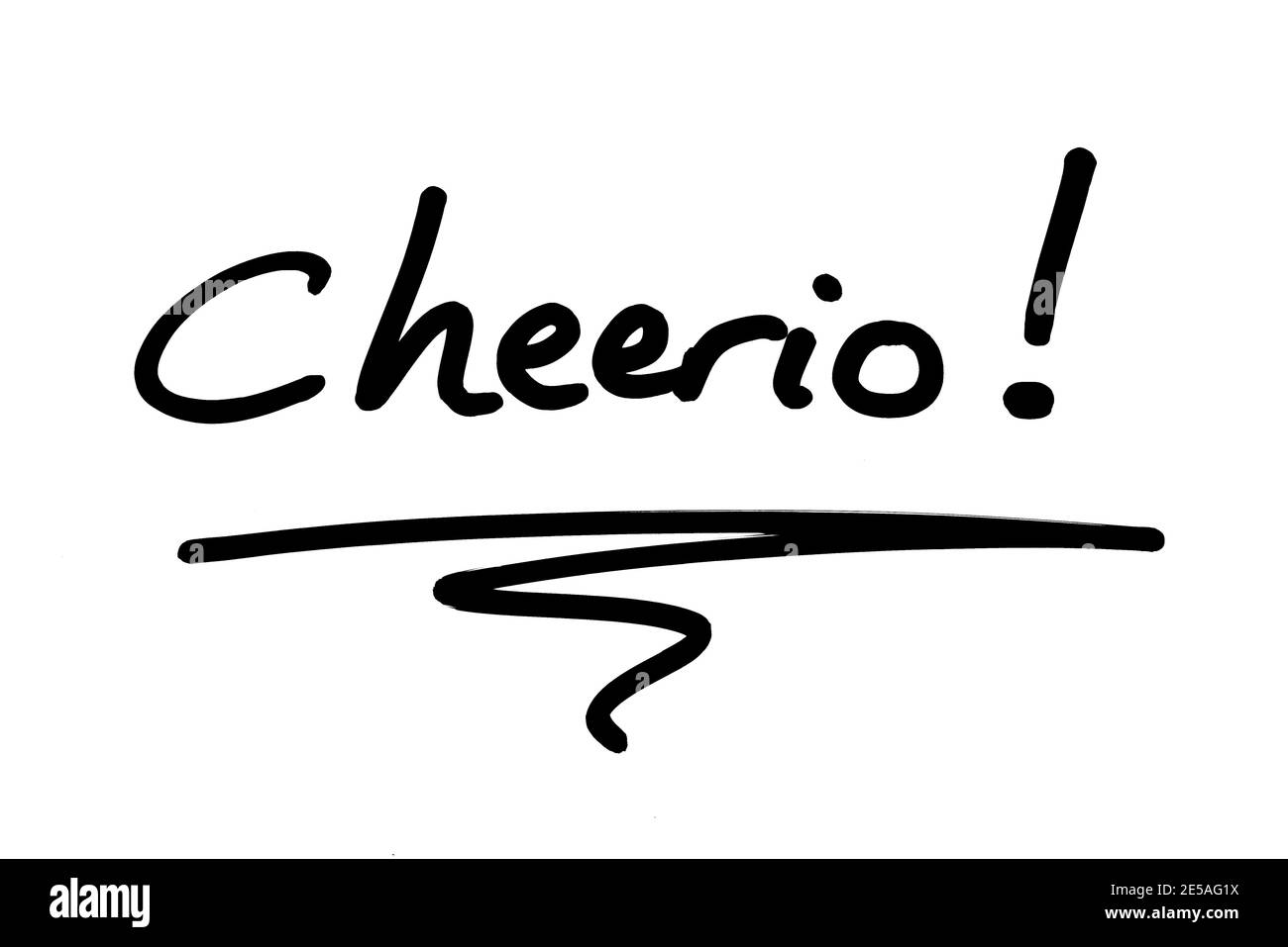 The word Cheerio! handwritten on a white background. Stock Photo