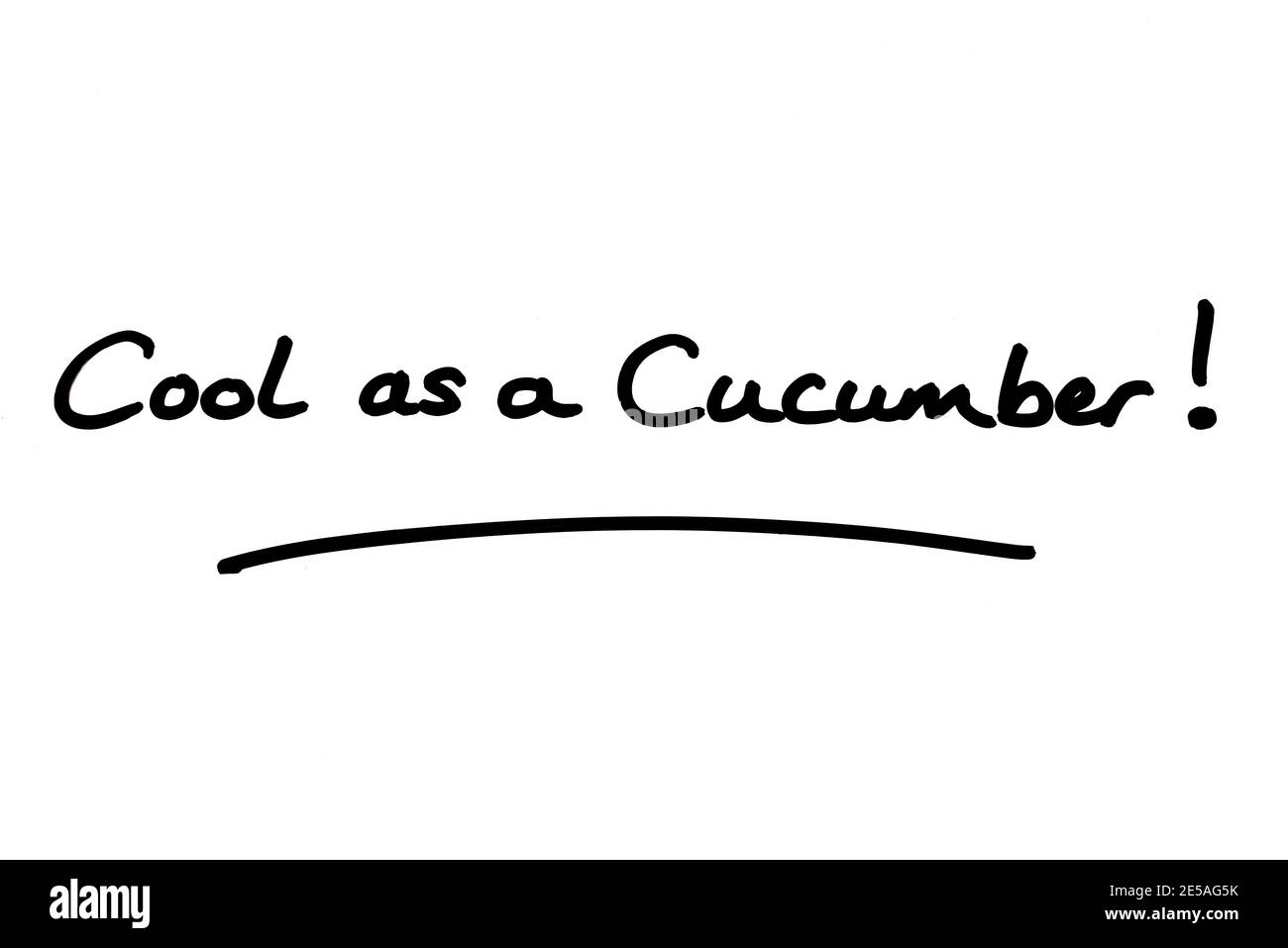 Cool as a Cumcumber! handwritten on a white background. Stock Photo