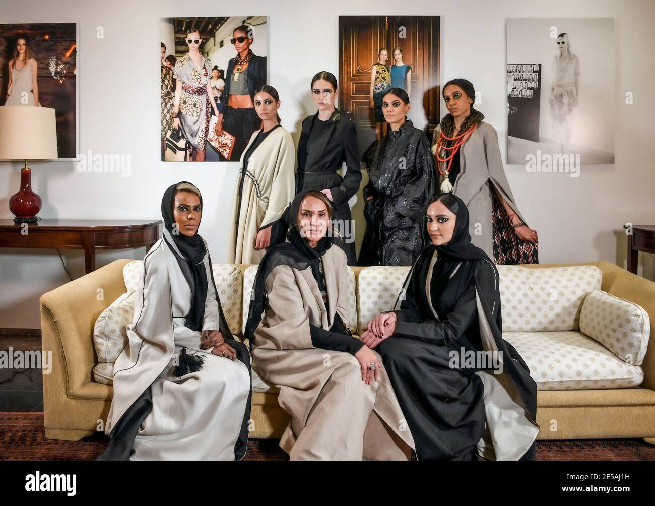 Saudi fashion designer Princess Safia Hussein Guerras (center) sits next to her daughter Princess Hannah Al-Faisal (right) and other models after the collection presentation, in a show called ‘Khaleeki Chic’ (or ’Stay Chic’), at the Belgian Embassy in Riyadh, Saudi Arabia, on January 23, 2021. Photo by Basheer Saleh/Arab News/ABACAPRESS.COM Stock Photo