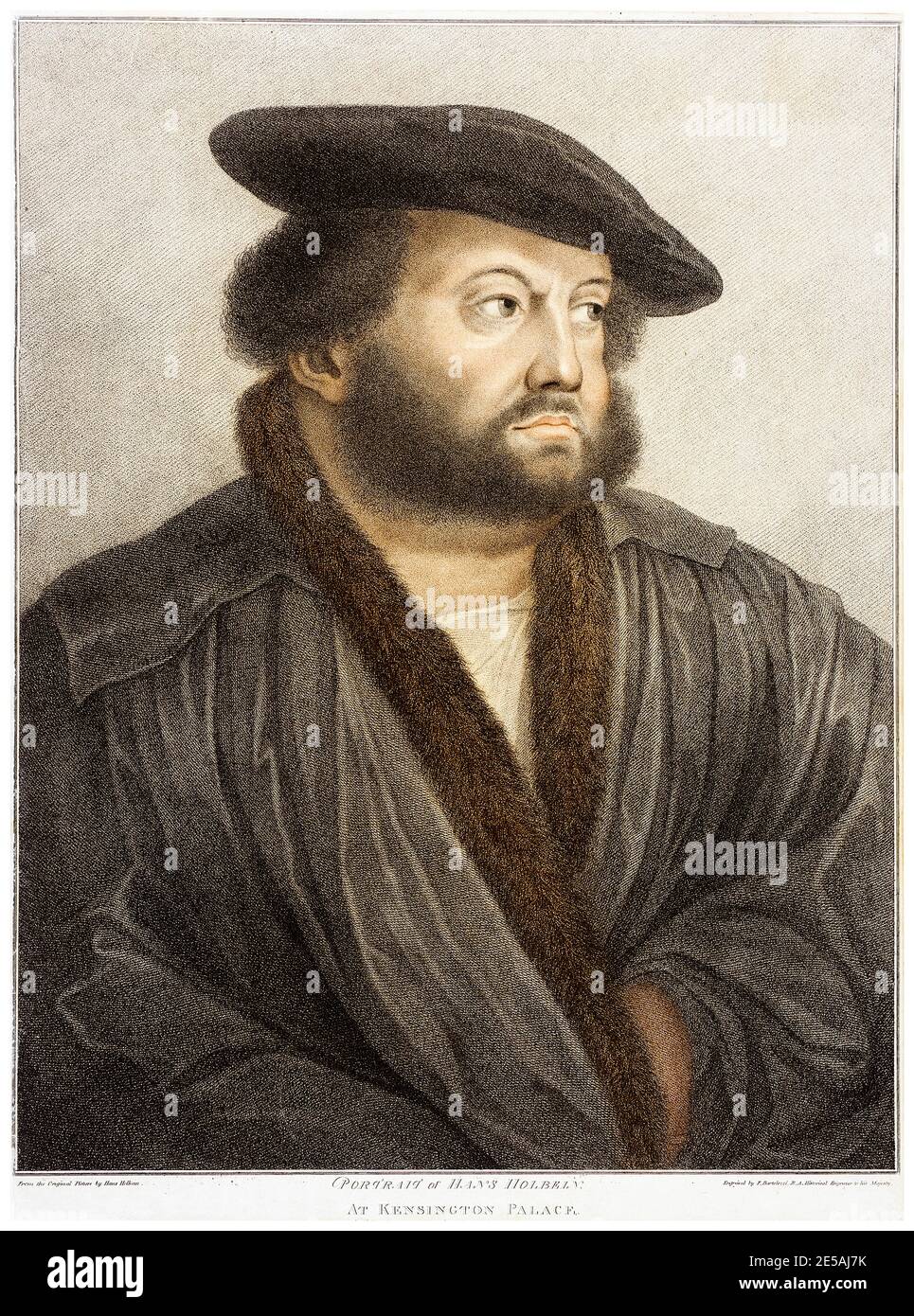 Hans Holbein the Younger (c.1497/98-1543) at Kensington Palace, coloured portrait engraving by Francesco Bartolozzi, 1798 Stock Photo