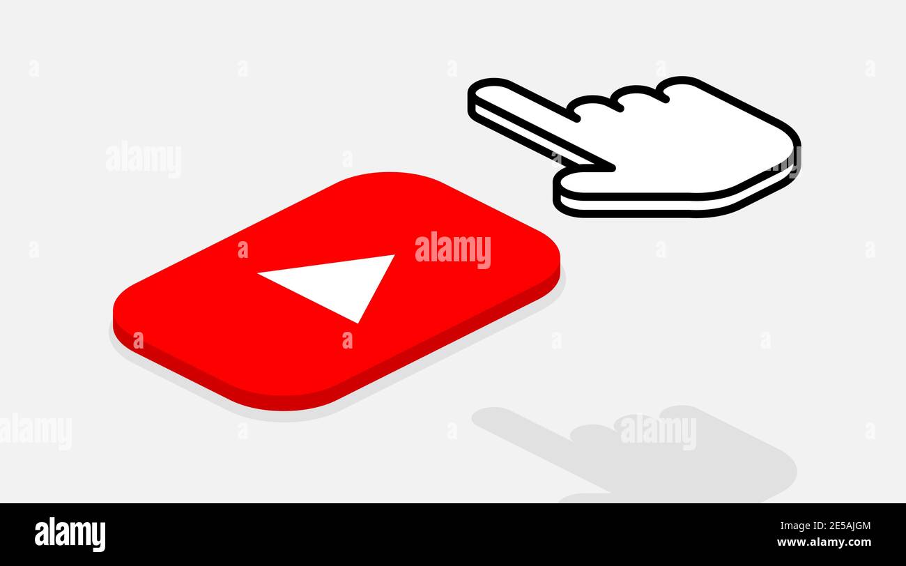 Isometric composition with button Play and hand. Red button for video player. Flat design. Eps10 Stock Vector