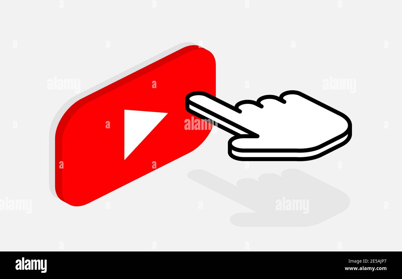 Isometric composition with button Play and hand. Red button for video player. Flat design. Eps10 Stock Vector