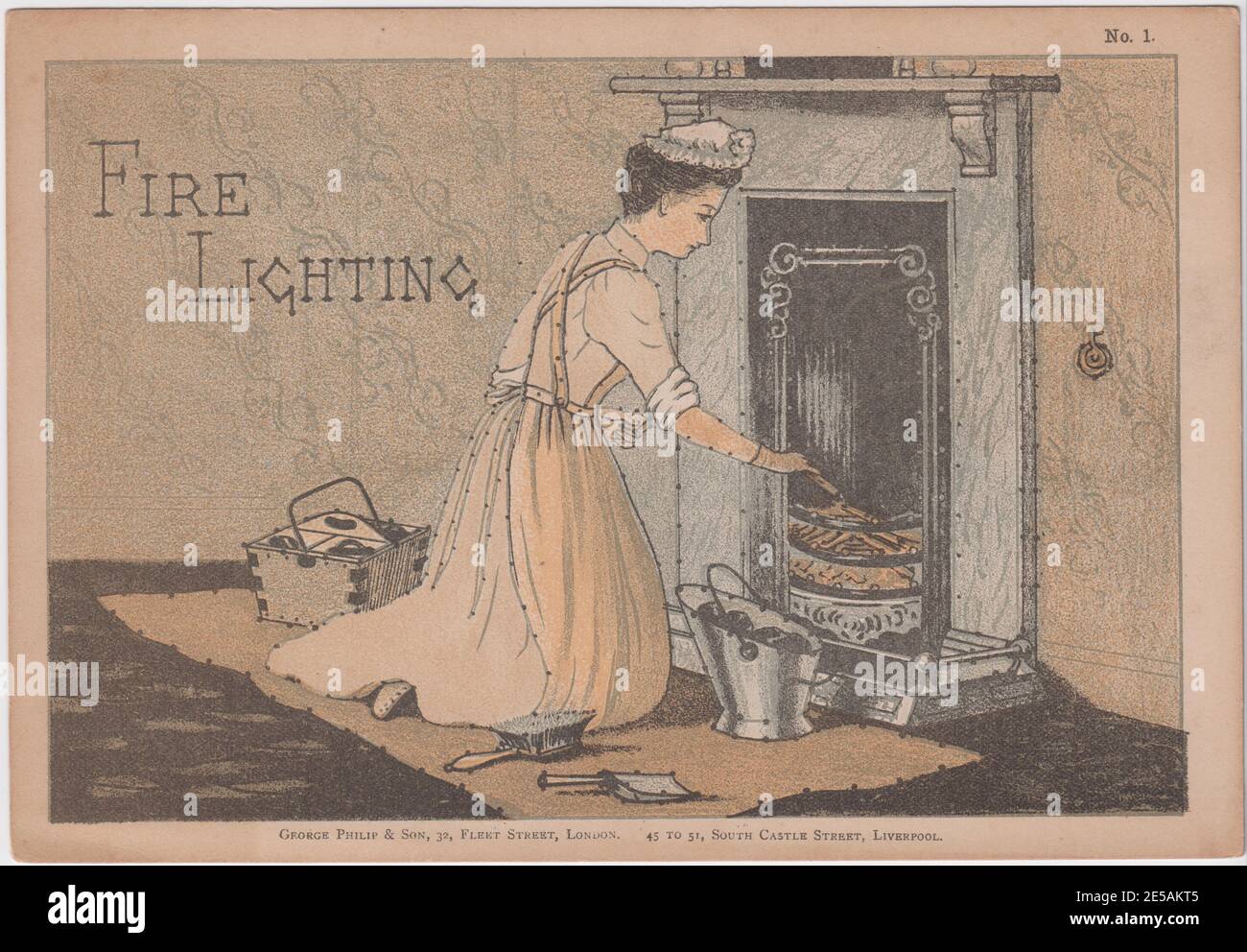 Fire lighting: Edwardian advertising image showing a servant setting a fire in the fireplace Stock Photo