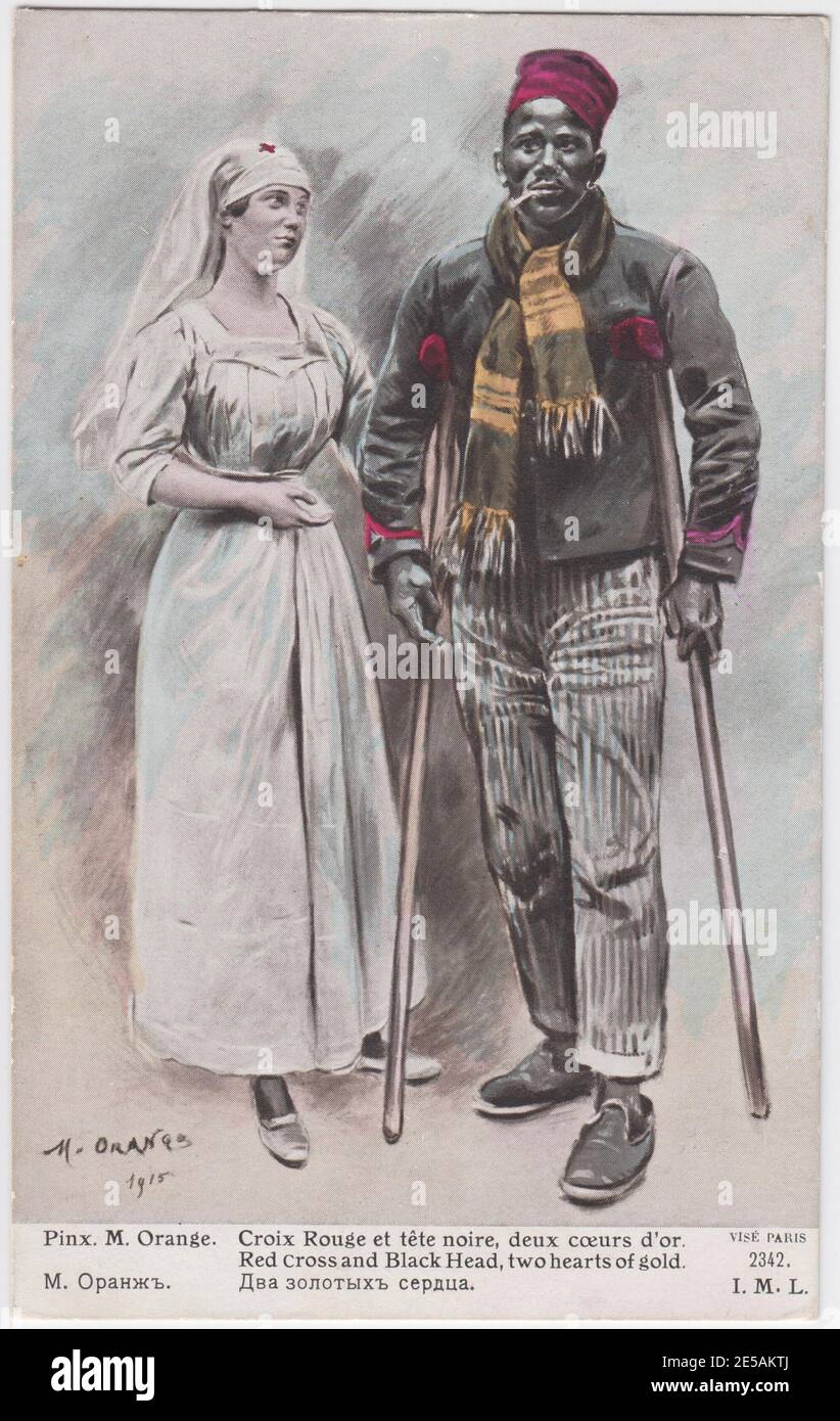 French First World War postcard showing a Red Cross nurse helping an African soldier on crutches, captioned "Red Cross and Black Head, two hearts of gold". The postcard was issued by the Association des Dames Françaises, Croix Rouge Française, in 1915 Stock Photo