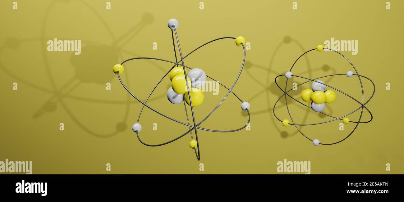 3D model of atoms with nucleus, electrons, protons and neutrons orbiting, circular path, cgi render illustration, yellow background, rendering Stock Photo