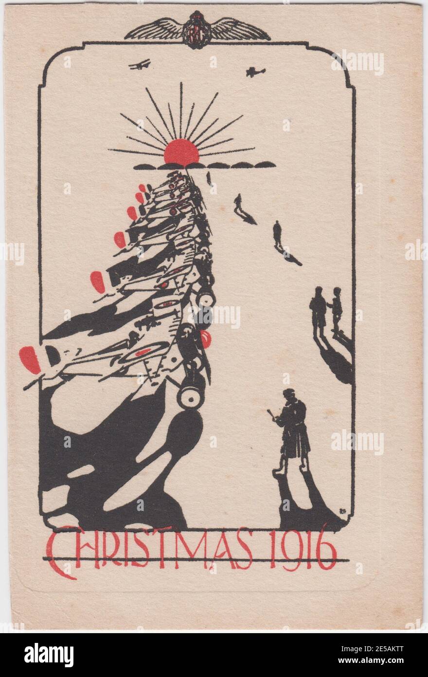 Royal Flying Corps First World War Christmas card for 1916. The image includes the RFC crest at the top and shows a line of aeroplanes leading to a sun setting behind six hangers. Six figures - RFC personnel - are on one side, checking notebooks, looking at the planes and walking away. Stock Photo