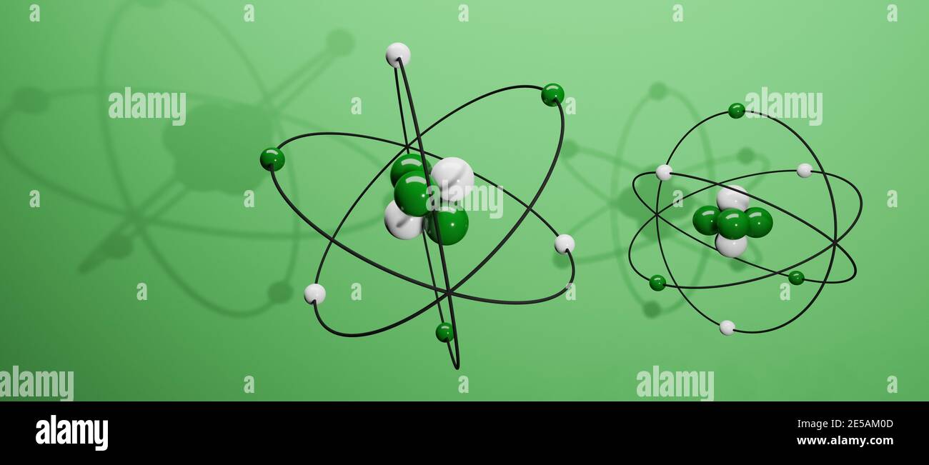3D model of atoms with nucleus, electrons, protons and neutrons orbiting, circular path, cgi render illustration, green background, rendering Stock Photo