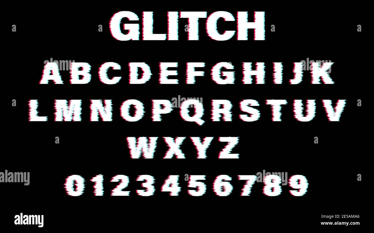 glitch font. white alphabet glitch on black background. Eps10 Stock Vector