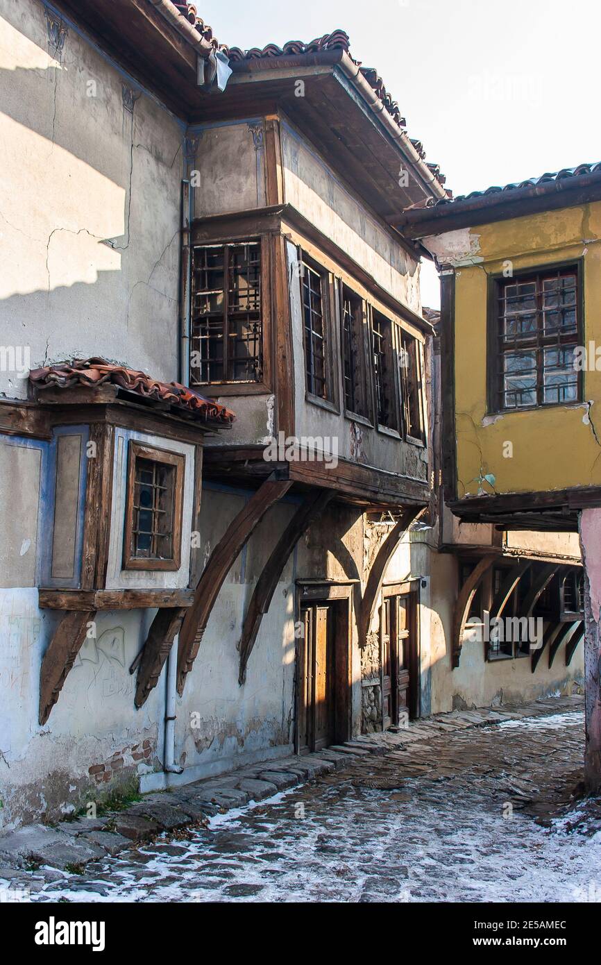 Classic examples of revival houses in the UNESCO world heritage site of the old town in Plovdiv prior to renovation, Bulgaria Stock Photo