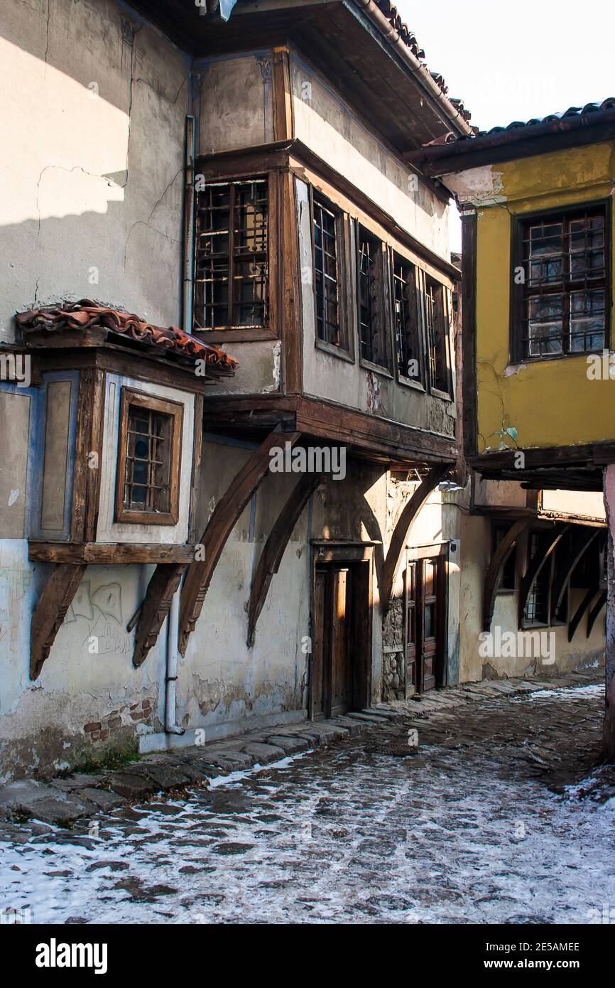 Classic examples of revival houses in the UNESCO world heritage site of the old town in Plovdiv prior to renovation, Bulgaria Stock Photo