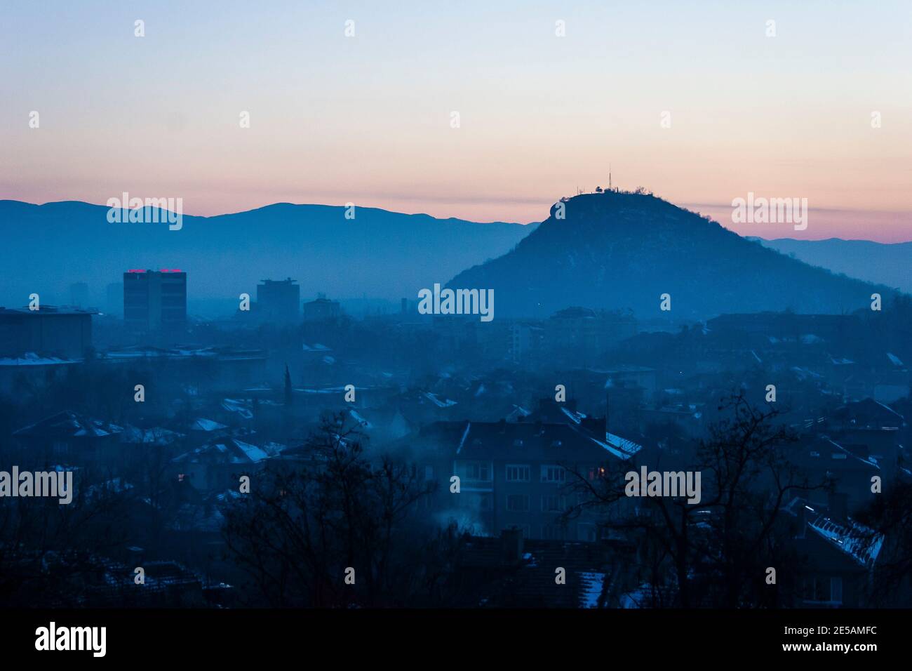 The hilltops of Plovdiv city at sunset Stock Photo