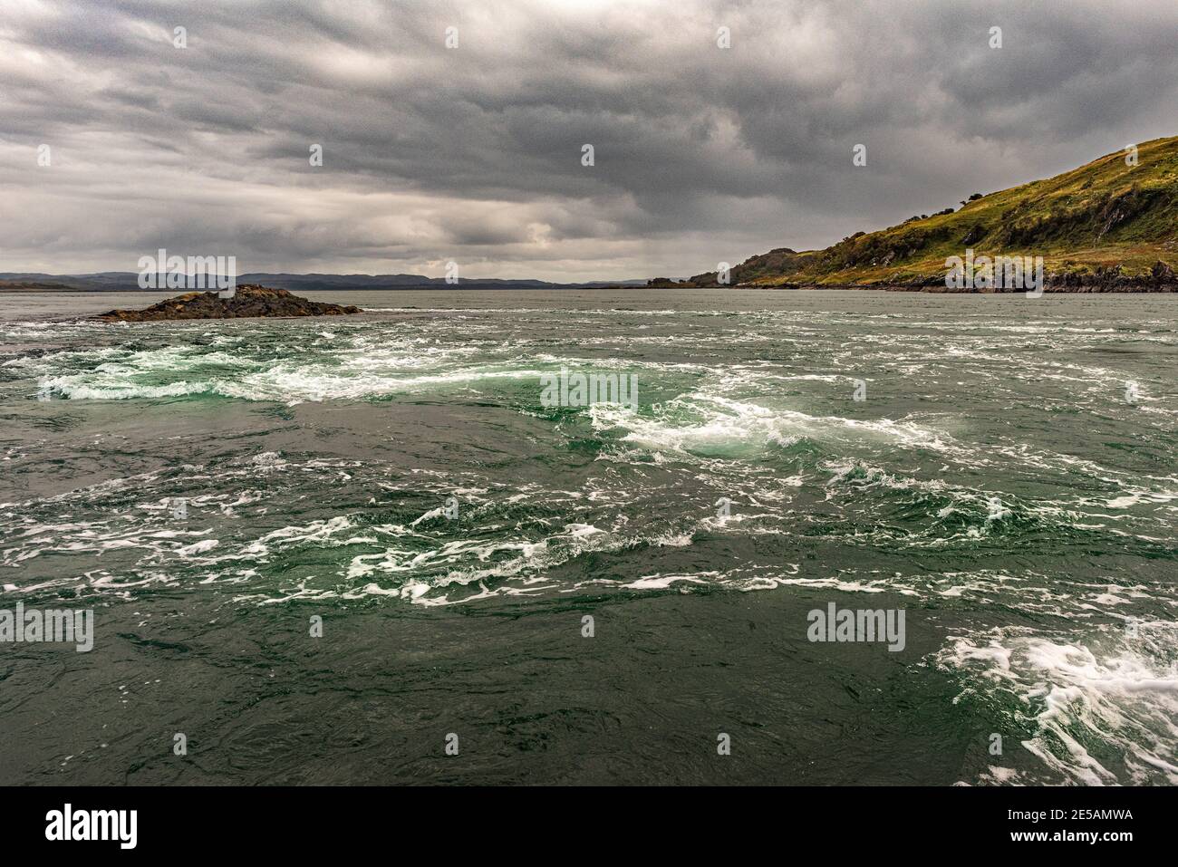 Gulf of Corryvreckan / Straits of Corryvreckan is a stretch of very turbulent water between the islands of Scarba & Jura on the West Coast of Scotland Stock Photo