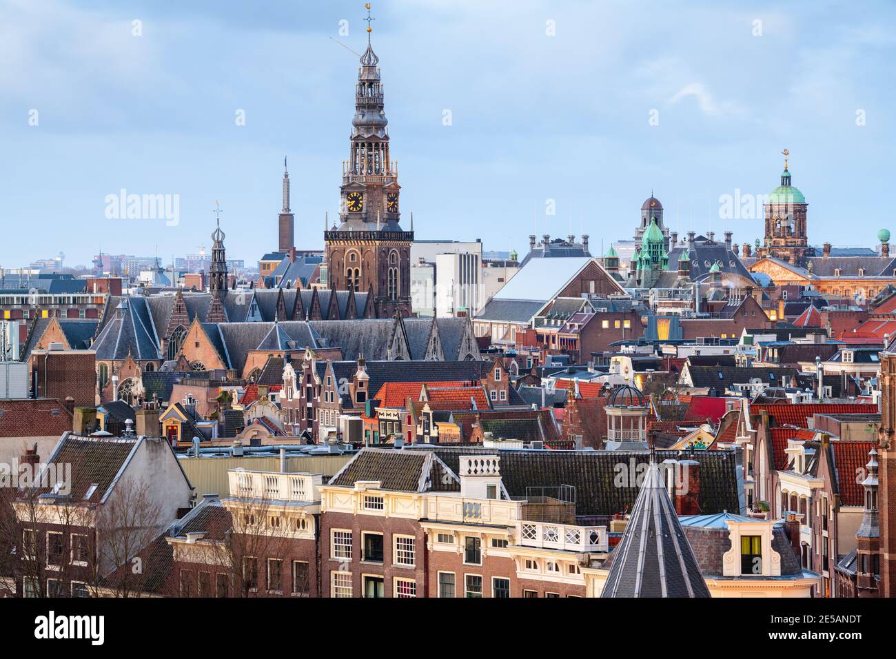 Amsterdam, Netherlands old town cityscape with cathedral towers at udskl. Stock Photo