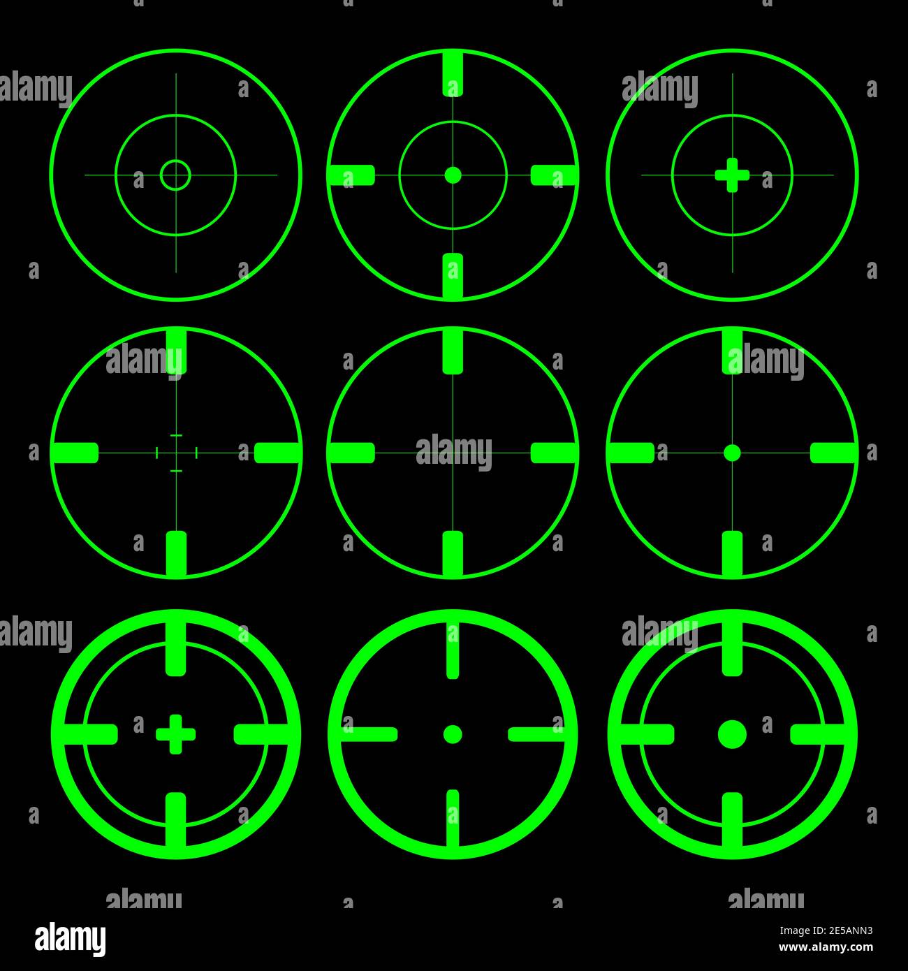 set of green target aim icons on black background. flat design
