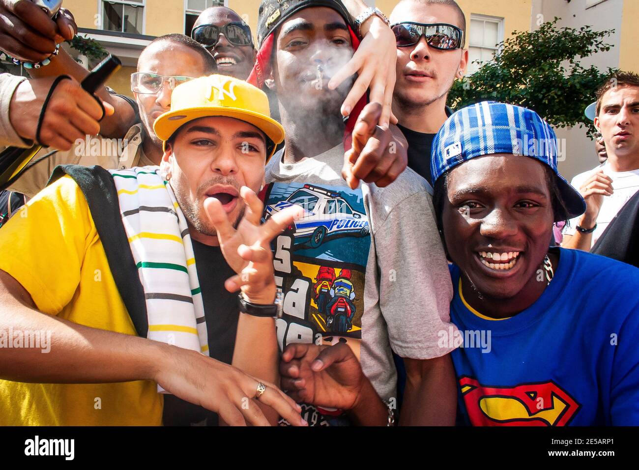 Group of young guys having a great time at Notting Hill Carnival Stock Photo