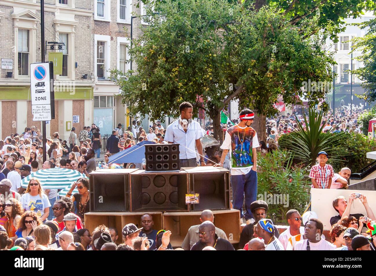 Crowds dancing at a sound system at Notting Hill Carnival, London Stock Photo