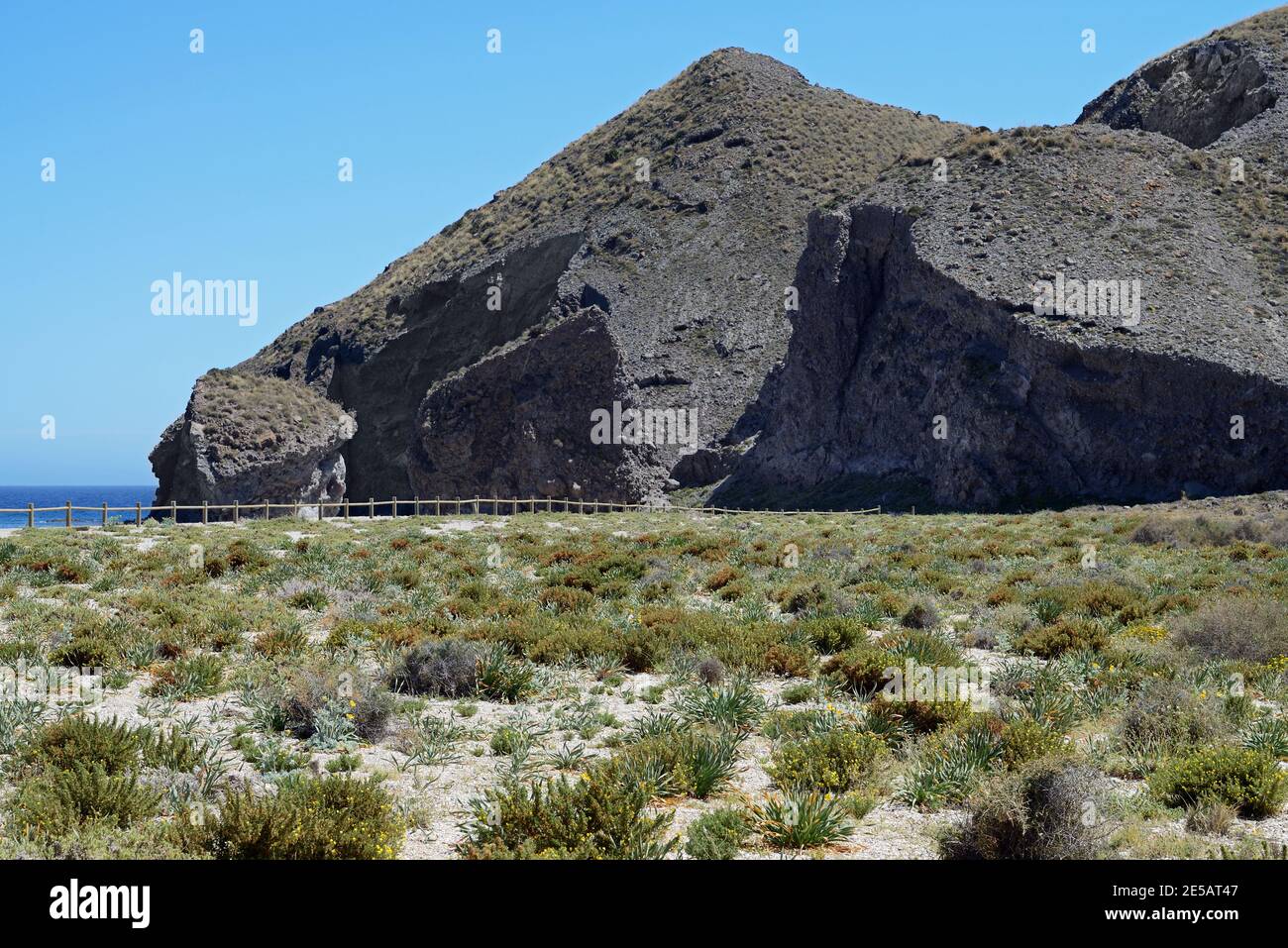 Playa de los Muertos is a dune system in the Cabo de Gata-Níjar Natural Park in the Andalusian region of Spain. Stock Photo