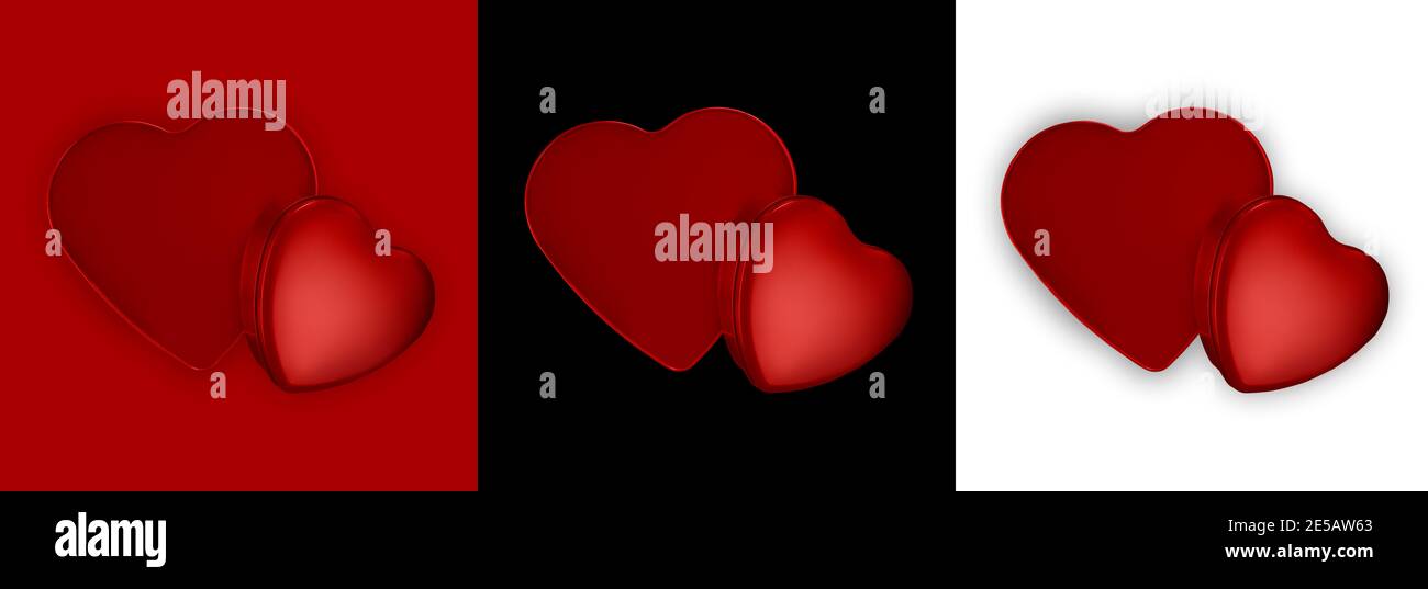 Valentine day, red heart shaped shiny metal packaging isolated on red ...