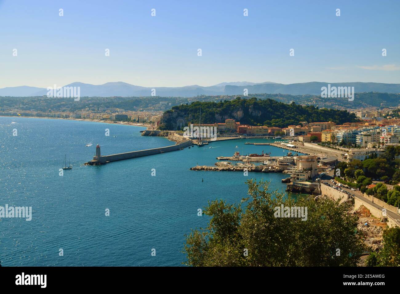 Aerial panoramic view of Port Lympia, sea and coast, Nice, South of France. Stock Photo