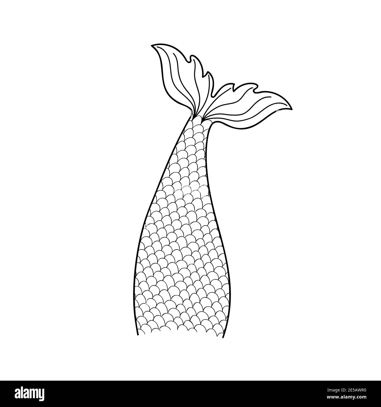 Hand drawn mermaid tail isolated on white background. Vector doodle outline illustration for print design or coloring books. Stock Vector