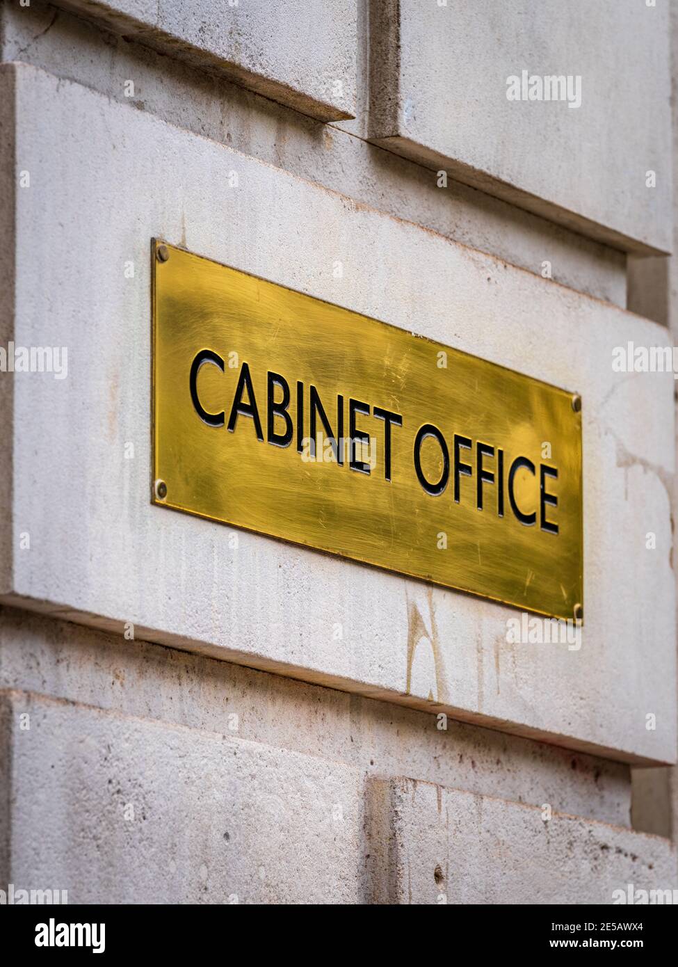 Cabinet Office Whitehall London - brass sign at the entrance to the British Government Cabinet Office in Whitehall, central London. Stock Photo
