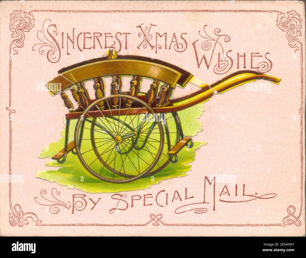 Christmas greetings card with chromolithographed die cut onlay circa 1895 with punning message Stock Photo