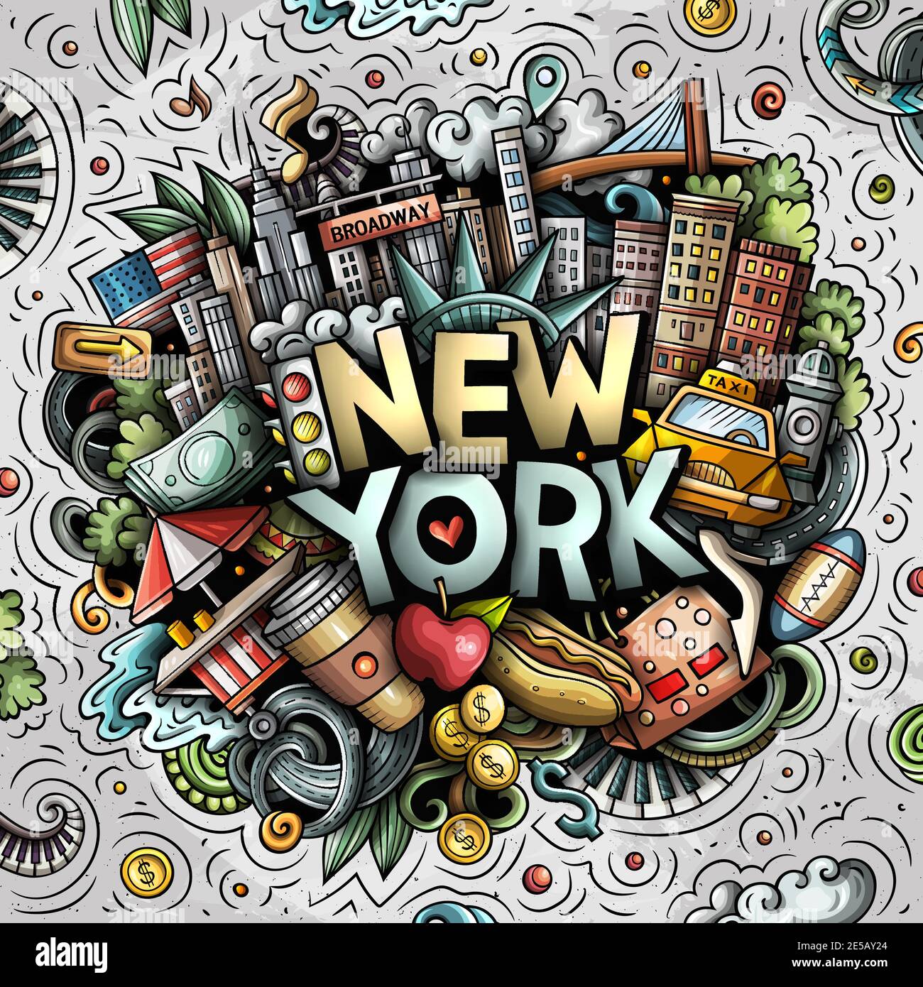 Nueva York Cartoon - New York Hand Drawn Cartoon Doodle Illustration Funny City Design 2E5AY24