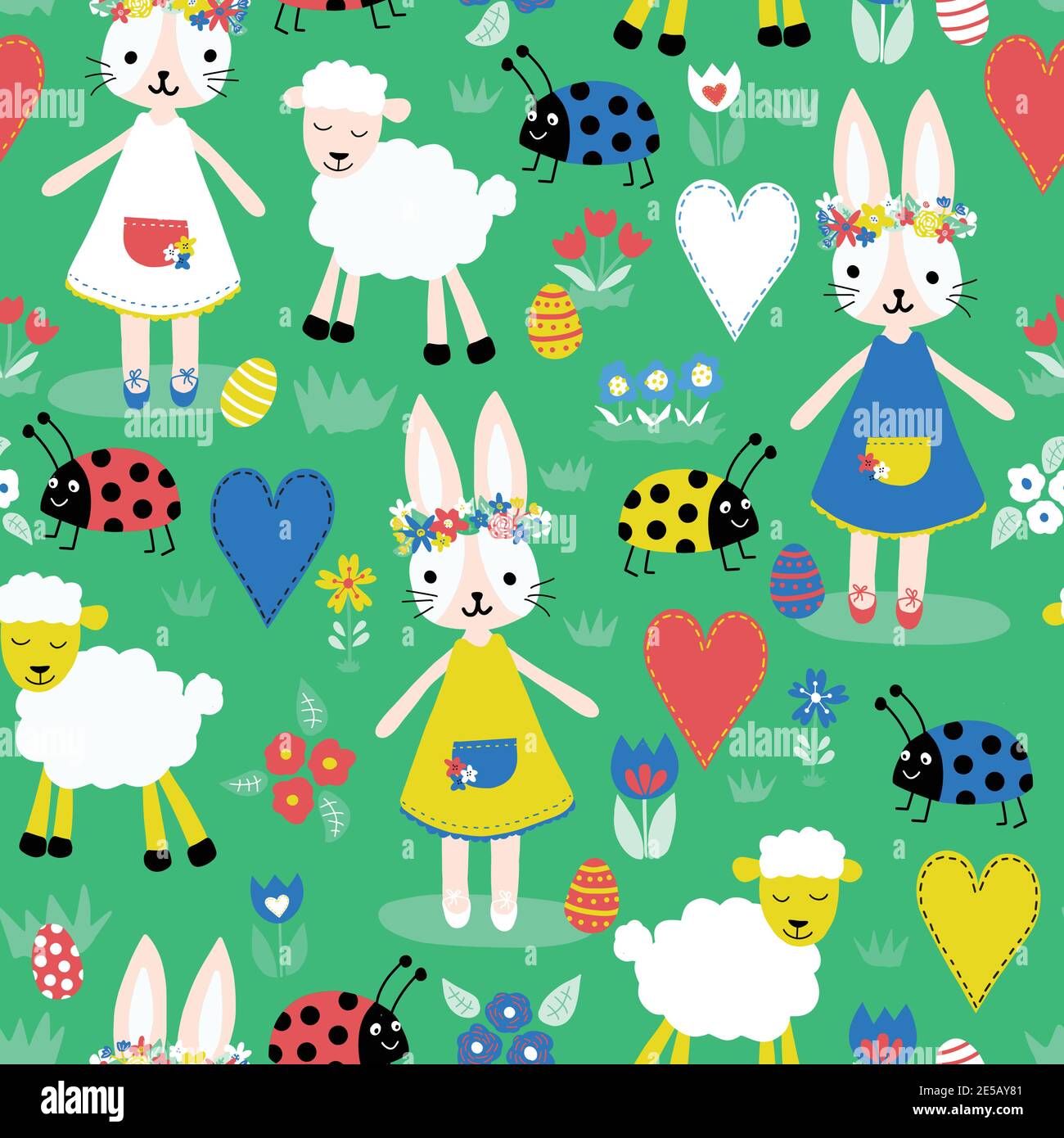 Cute Easter pattern with bunnies, sheep, ladybugs, hearts, eggs and ...